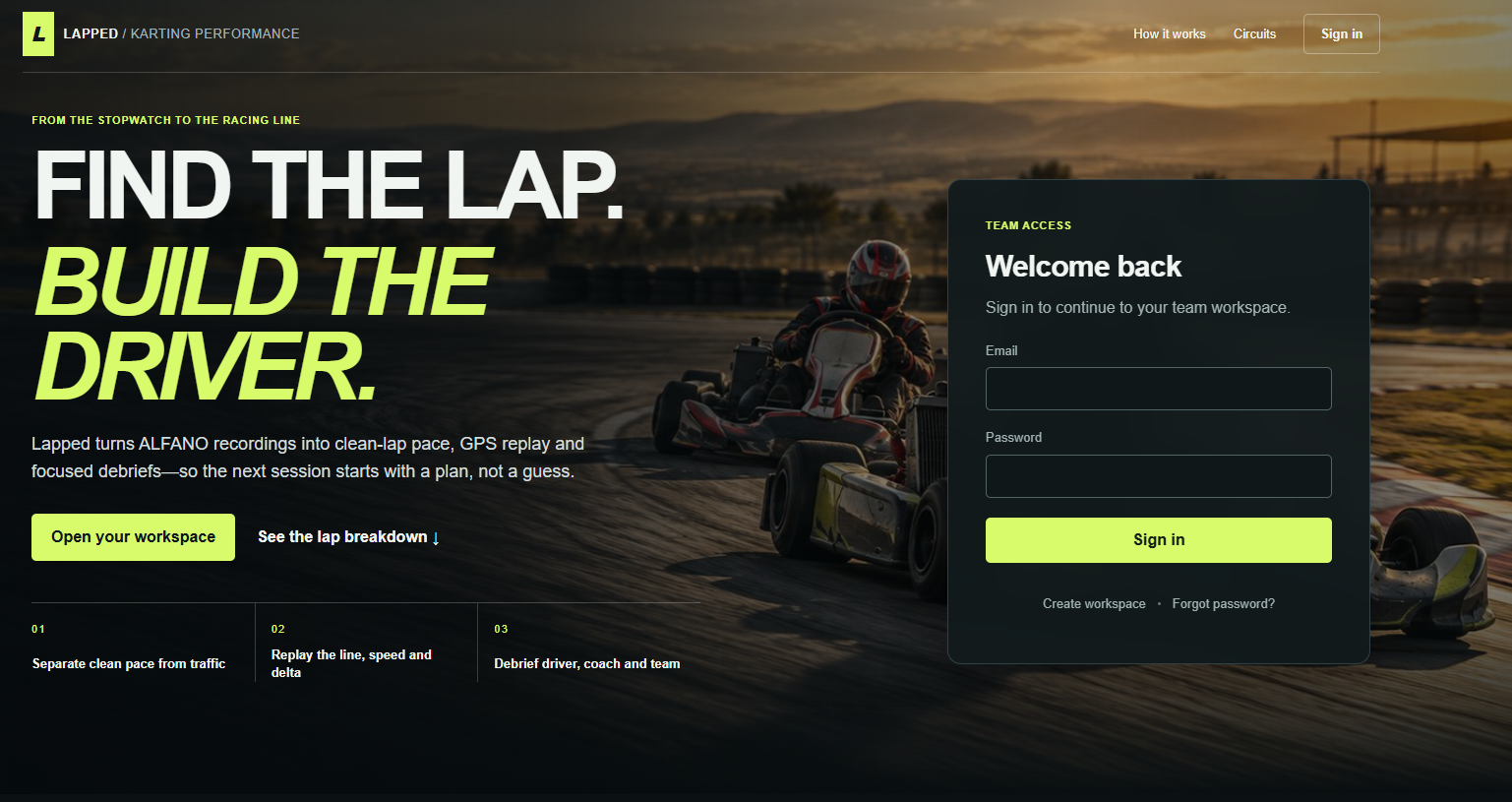 Two competition go-karts racing through a circuit corner, representing the Lapped karting performance platform